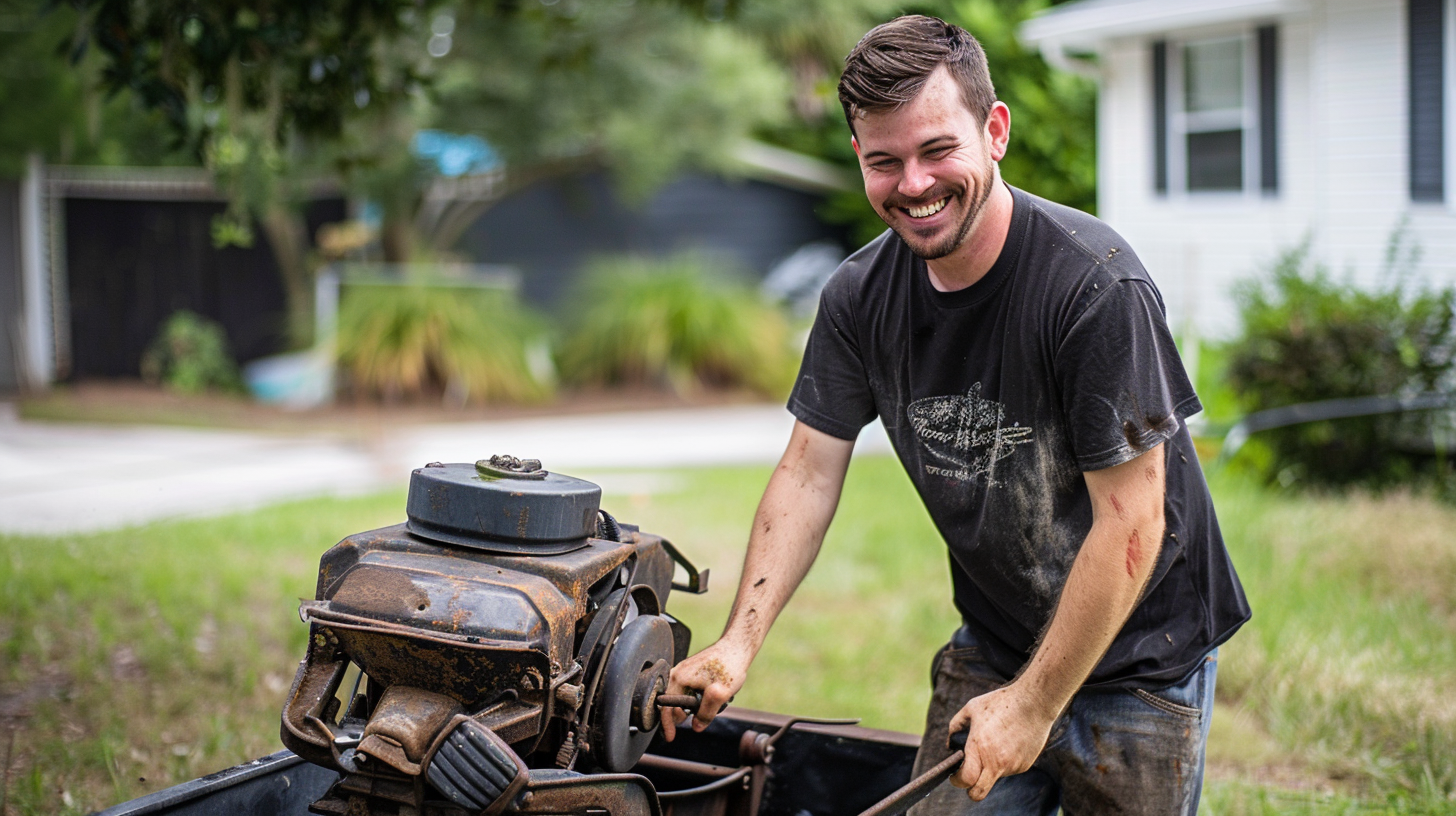 Photo of a man hauling away lawnmowers