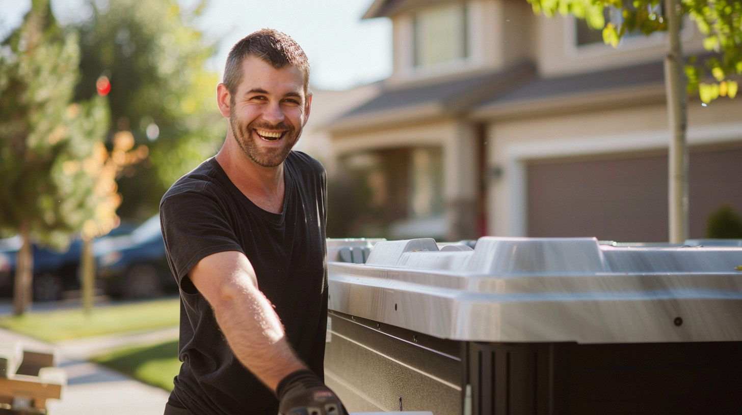 Photo of a man hauling away hot tubs