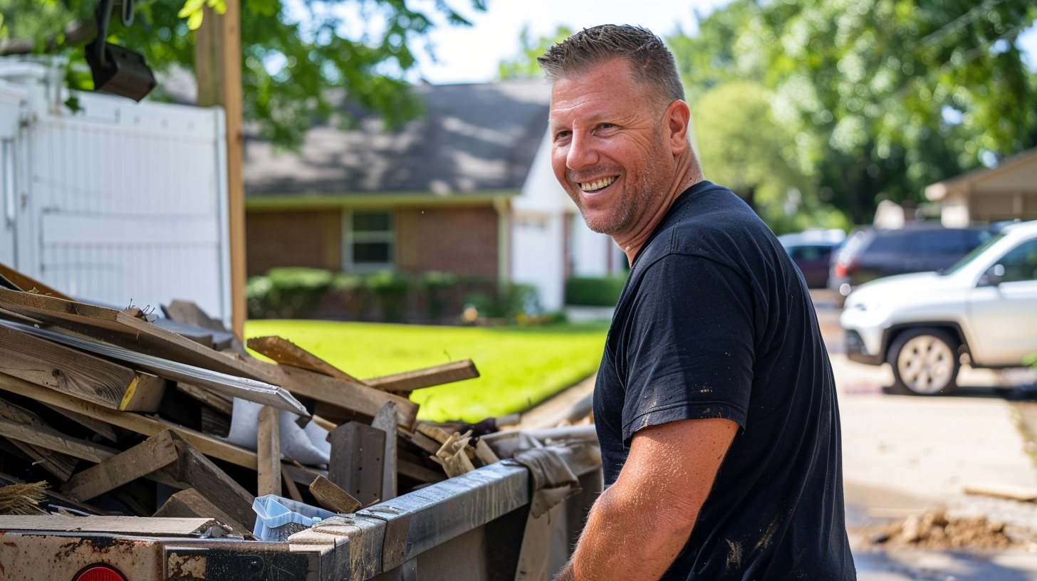 Photo of a man hauling away construction debris