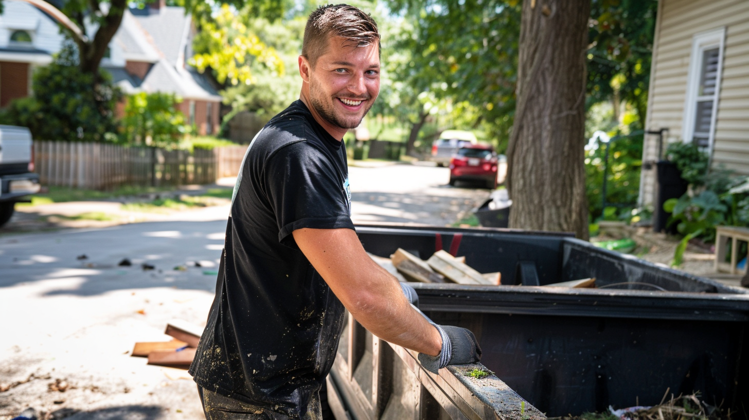 Photo of a man hauling away remodeling debris