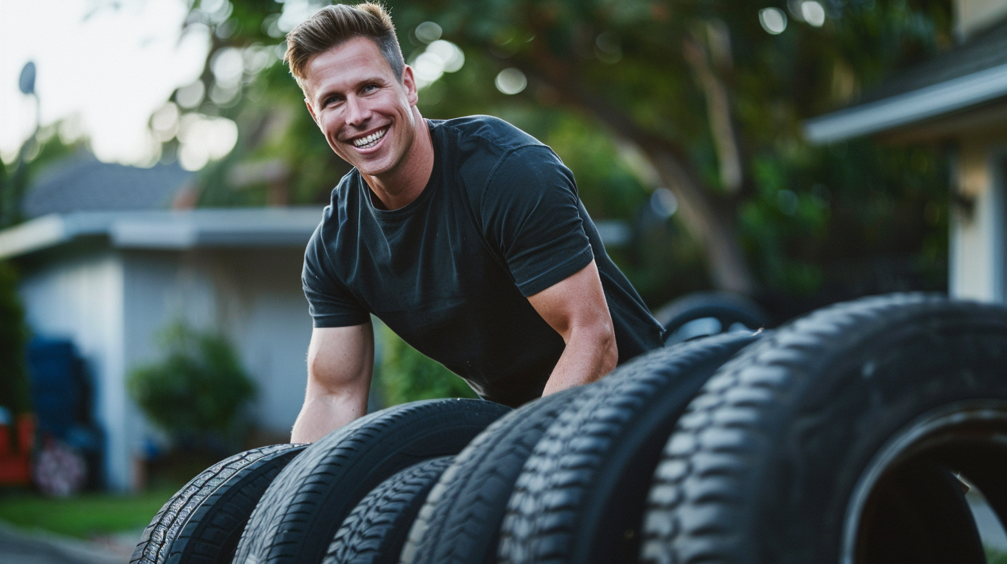 Photo of a man hauling away tires