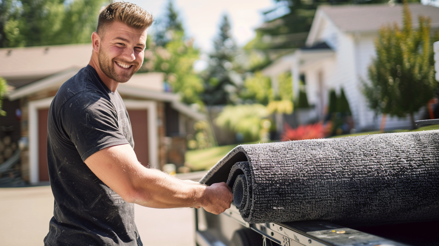Photo of a man hauling away carpet