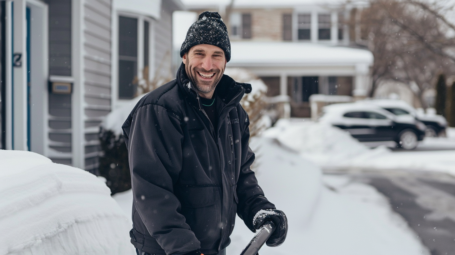 Photo of a man hauling away snow