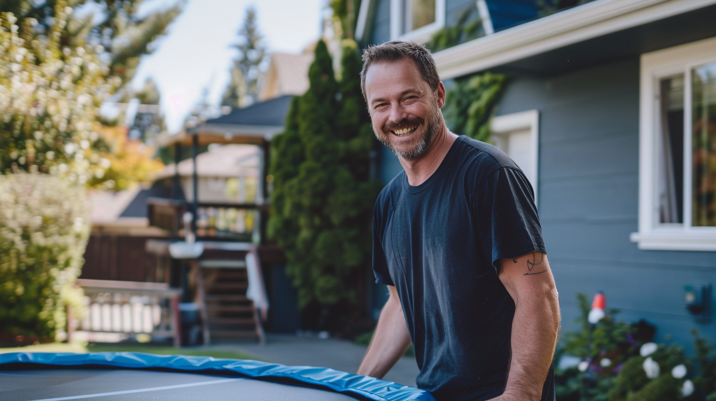 Photo of a man hauling away trampolines