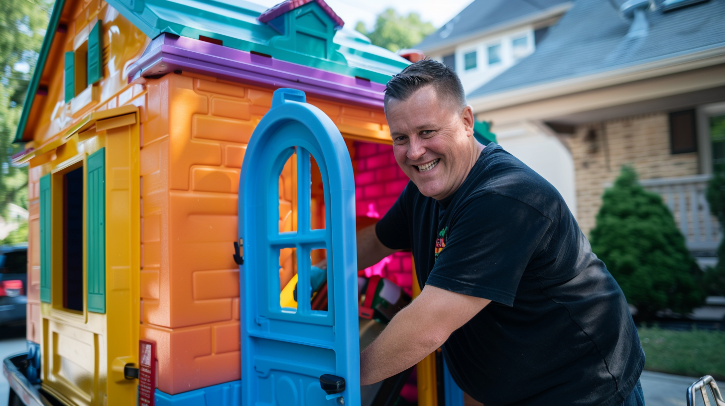 Photo of a man hauling away playhouses