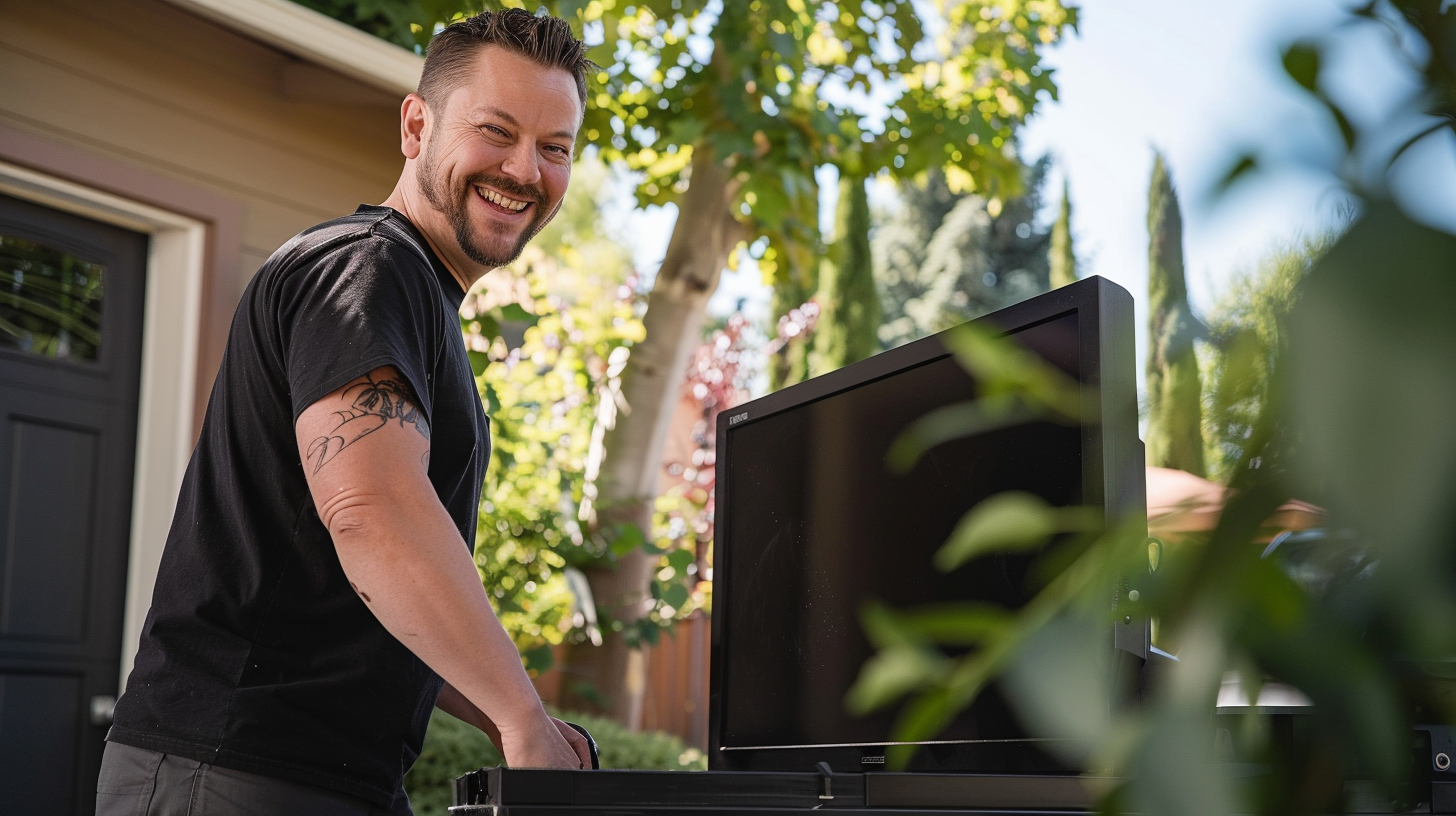 Photo of a man hauling away TVs