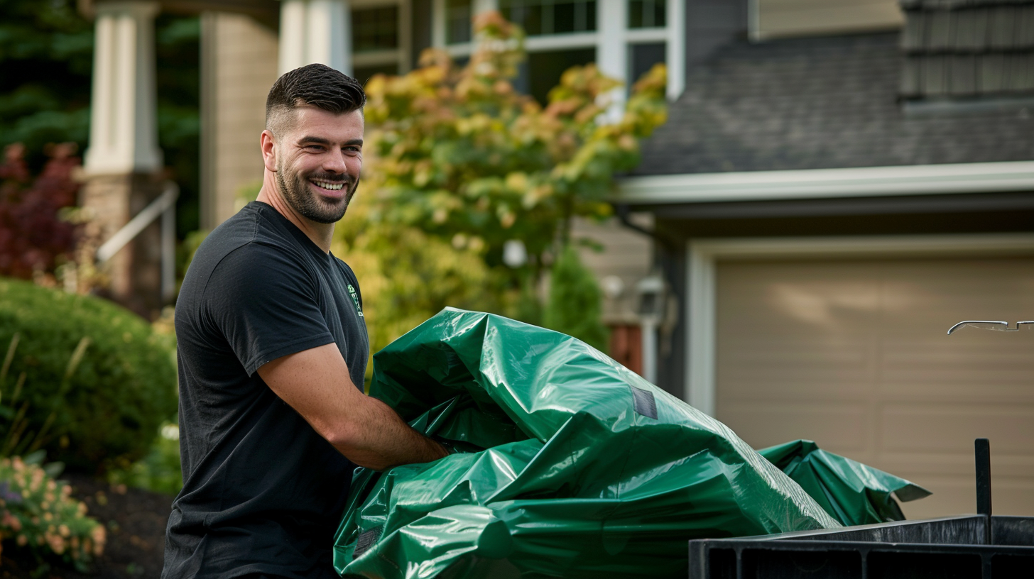 Photo of a man hauling away bagsters